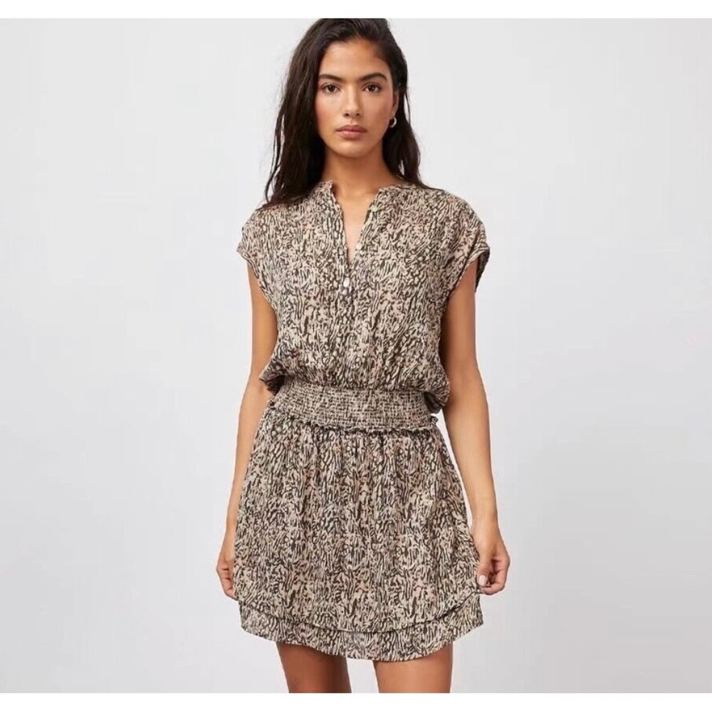 Rails Angelina Tan Abstract Texture Linen Blend Smocked Mini Dress small